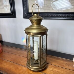 Vintage Brass Lantern Candle Holder Etched Glass, Opens Door, Hanging Loop 13”